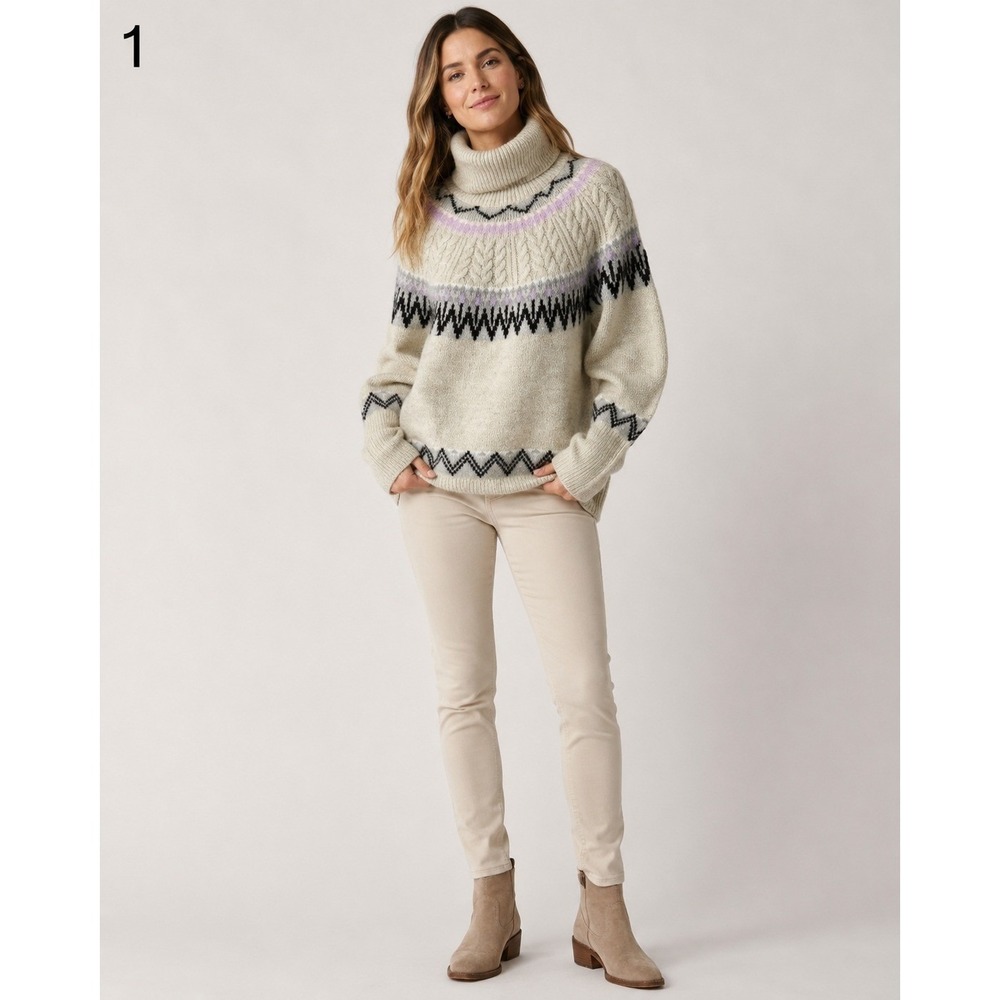 A New Day Sweater Women XS Cream Acrylic Nylon Blend Turtleneck Nordic Print NEW